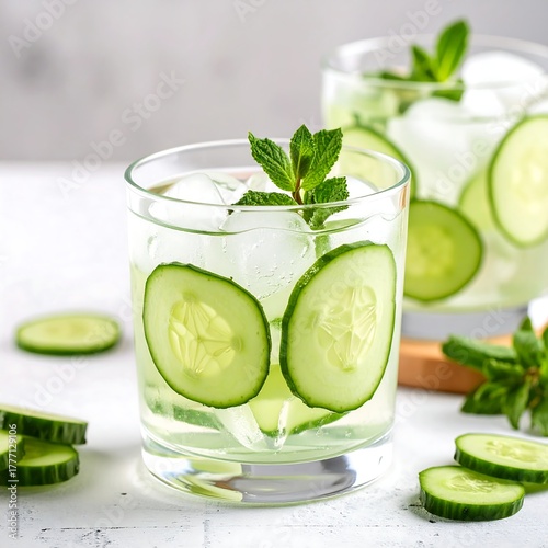 Close-up of two glasses of refreshing cucumber infused water with mint garnish and ice cubes. Slices of cucumber surround the glass
