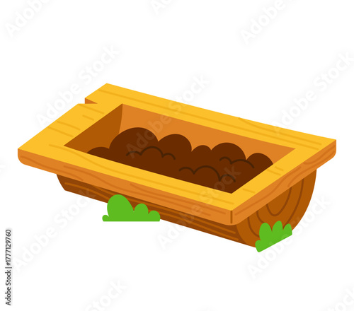 Wooden pig trough with food. Vector flat farm illustration isolated on white. Farming, agriculture, livestock care and pigsty item