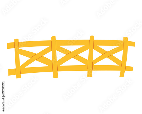 Flat yellow wooden fence. Isolated image on white background. Vector object for farm or countryside scene