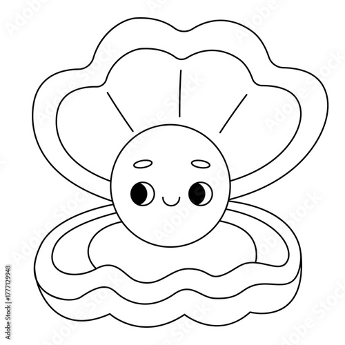 Cute pearl inside an open shell in black and white style. Kawaii outline image for ocean themed coloring books or worksheets for kids.