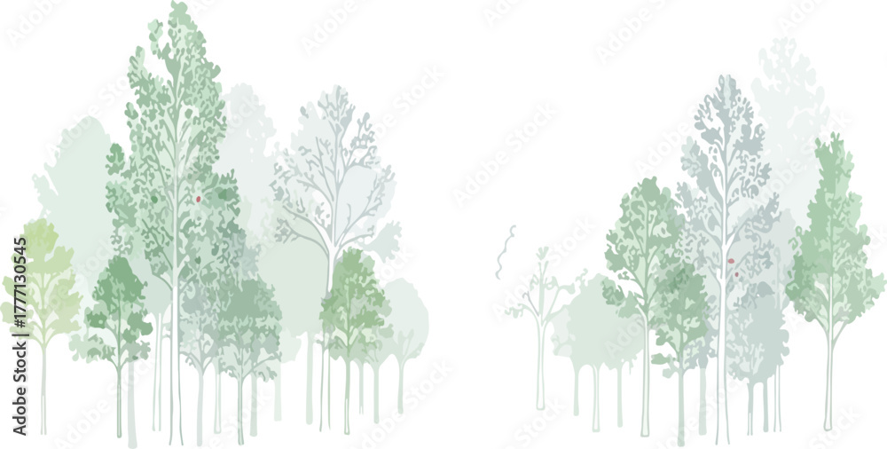 Obraz premium Minimalist Forest Vector Illustration | Abstract Green and White Trees for Ecological Designs and Natural Theme Backgrounds
