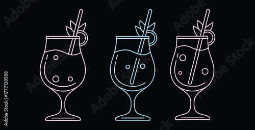 Three vibrant cocktail glasses with straws against a dark backdrop for summer vibes