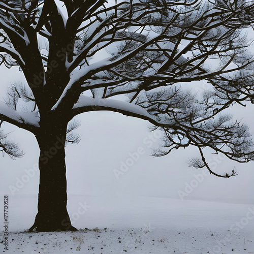 winter snowy tree in field. AI generated