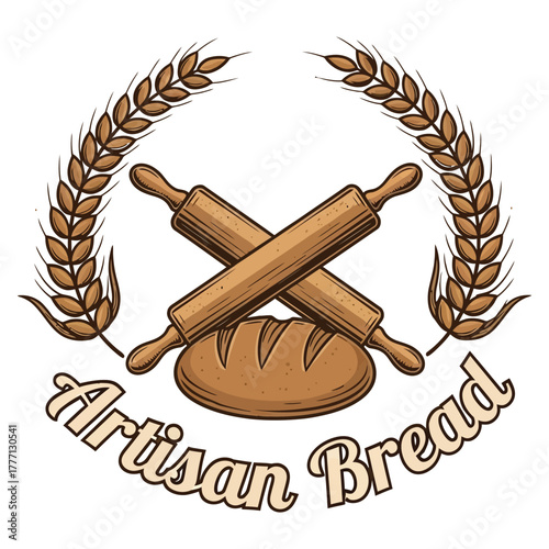 Artisan bread logo with crossed rolling pins and wheat stalks for bakery or food business