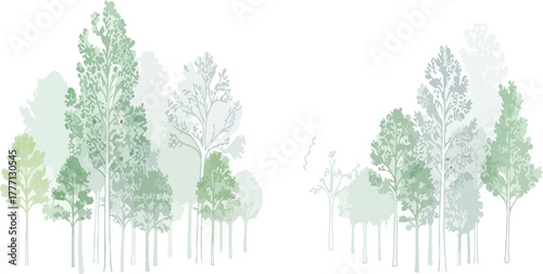 Minimalist Forest Vector Illustration | Abstract Green and White Trees for Ecological Designs and Natural Theme Backgrounds