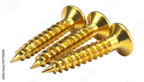 Three gold screws in close-up, sharply threaded, over dark
