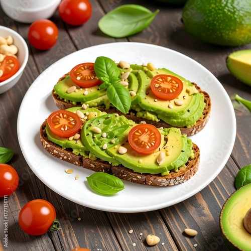 Close-up of two slices of toast topped with avocado, tomatoes, and pine nuts, on a white plate, presented on a wooden surface