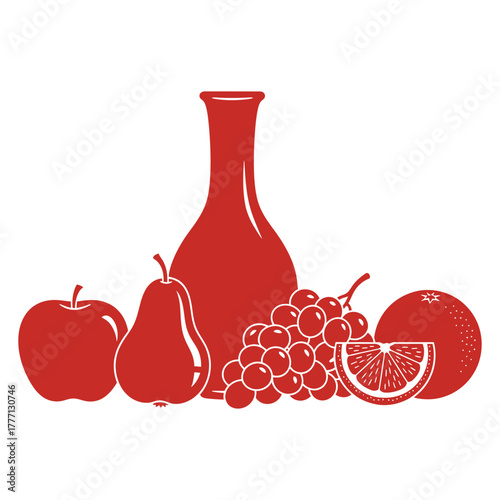 Still life illustration of fresh fruit including apple pear grapes and orange with vase
