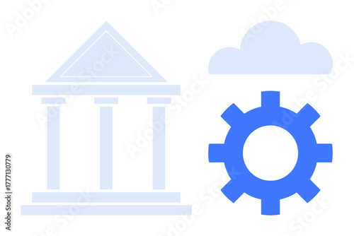 Government building, gear symbolizing technology, cloud for storage. Ideal for innovation, digital transformation, policy, governance, modernization automation cloud computing. Simple flat metaphor