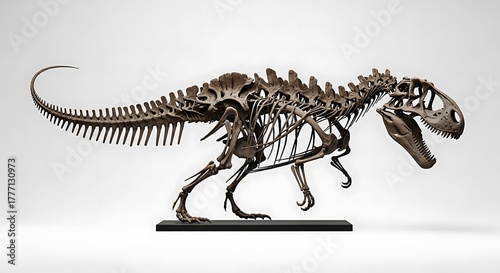 A complete Tyrannosaurus Rex dinosaur skeleton, a fossilized relic from the prehistoric Cretaceous period, isolated on a white background