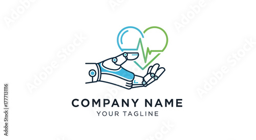 Robotic hand holding a heart with a medical pulse line logo.
