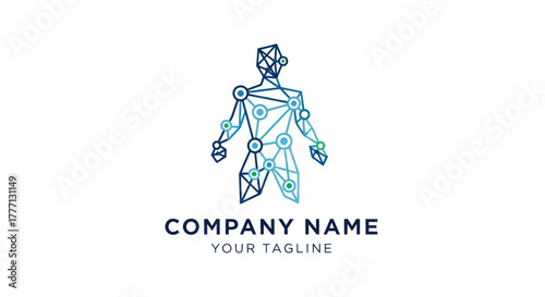 Polygonal human silhouette with connected dots and lines for a technology logo.