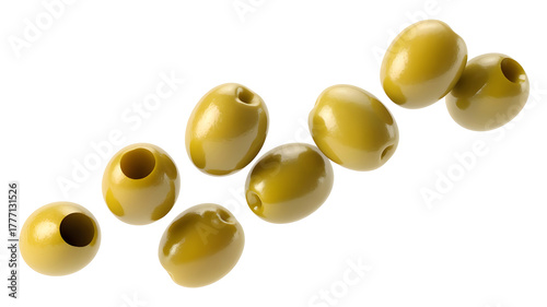 Several green olives isolated on transparent background, studio shot