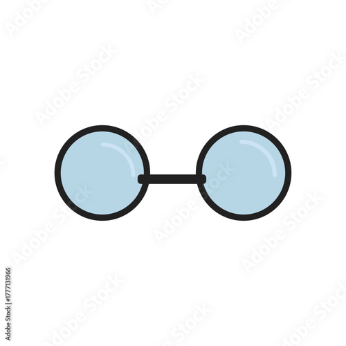 Minimalist illustration of round eyeglasses with blue lenses and thin black frame