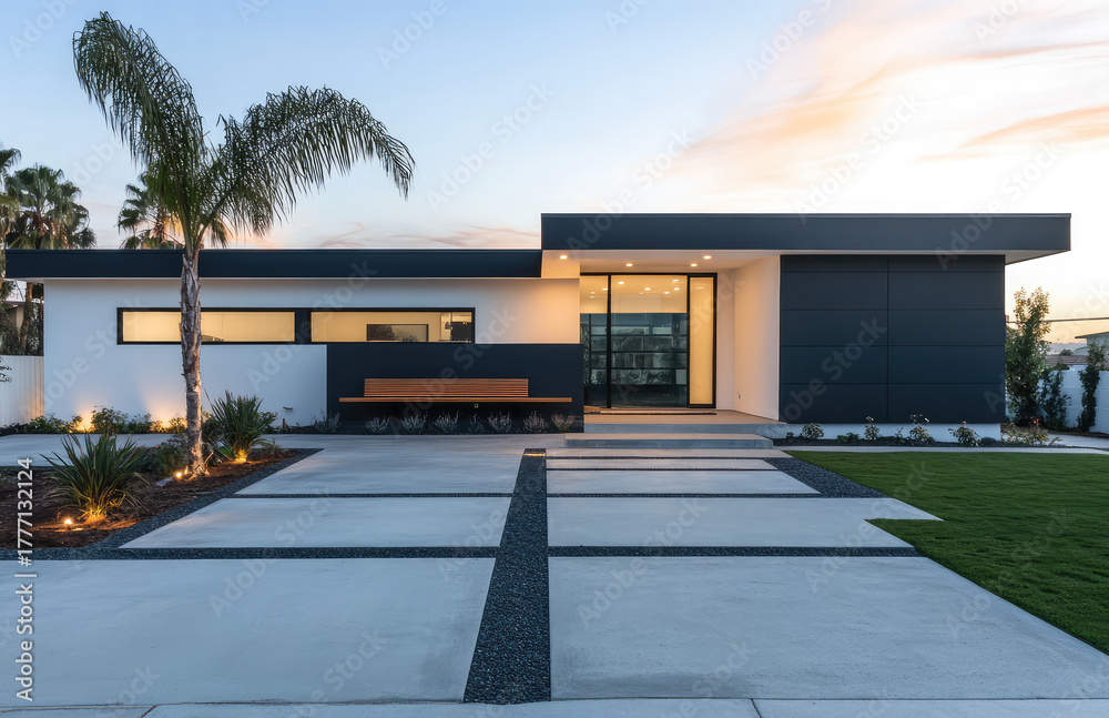 Fototapeta premium Modern Minimalist Exterior Design of a Luxury Home with Clean Lines, Large Windows, and Palm Trees – AI Generative Architecture, Sleek Contemporary Villa