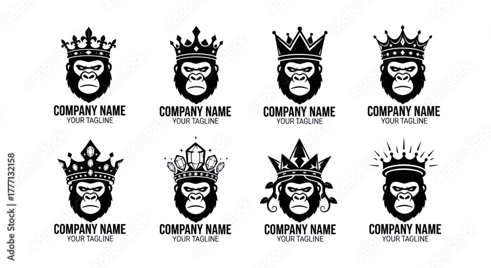 Fototapeta premium Collection of Gorilla King Logos with Crowns for Company Branding.