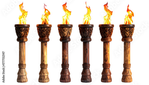Six stylized torches with flames, wooden pedestals, isolated