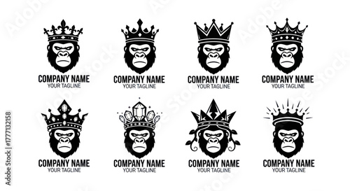 Collection of Gorilla King Logos with Crowns for Company Branding.