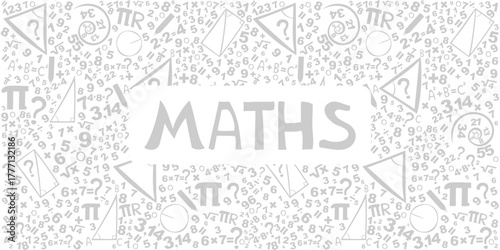 Math. Horizontal banner. Presentation, website. Isolated lettering typography idea with icons. Algebra, geometry, statistics, basic maths. Interesting creative funny math for kids. Vector illustration