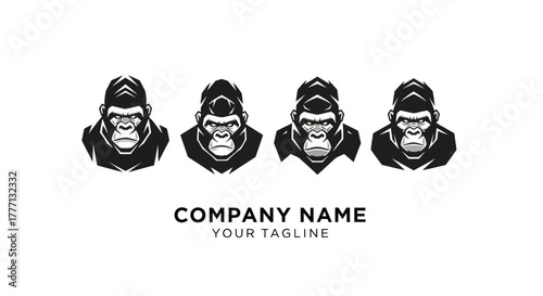 Four distinct gorilla head illustrations in a bold, monochrome style.