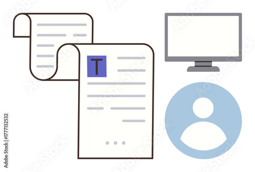 Online documents scrolling next to a user icon and a computer screen. Ideal for data sharing, digital workflow, user interface, online management, cloud storage, office tasks, simple flat metaphor