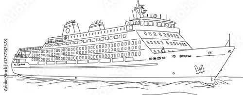 Large passenger cruise ship line art, detailed ferry boat outline, maritime transport drawing, ocean travel illustration, nautical vessel design, black white sketch