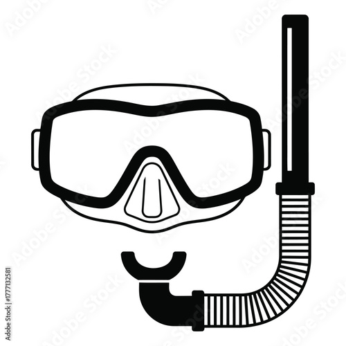 Black and white graphic illustration of a snorkel mask and tube for underwater diving