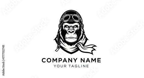 Intense gorilla portrait wearing aviator helmet and scarf, determined expression, ready for adventure.