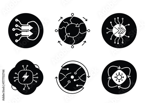 Black and white icons depicting technology concepts and workflow diagrams