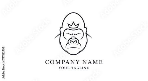 Majestic Gorilla Head with Crown Line Art Logo Design.