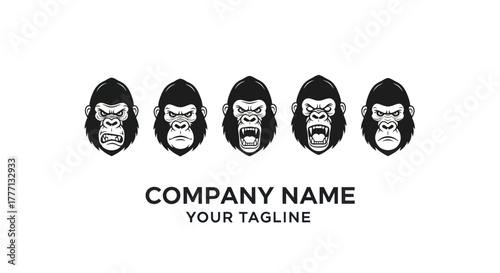 Gorilla head logo design with different expressions for company branding.