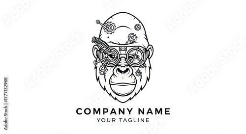 Steampunk gorilla head with mechanical gears and goggles logo.