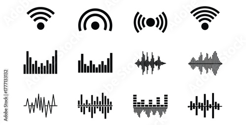 Set of black and white vector icons representing wireless signal and sound wave patterns