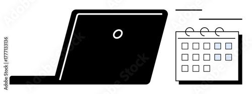 Open laptop next to a spiral-bound calendar with marked dates. Ideal for time management, productivity, event scheduling, remote work, digital planning, organization, multitasking. Clean flat