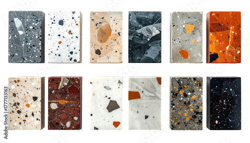 Varied terrazzo samples; different colors, stone chips, & backgrounds
