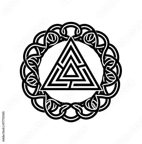 A striking black-and-white symbol features a geometric triangular labyrinth encased within an intricate, unbroken circular border of Celtic-style knotwork