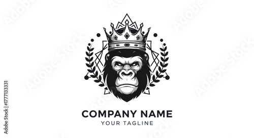 Majestic Gorilla King Logo with Crown and Laurel Wreath Design.