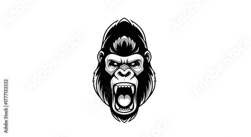 Fierce Gorilla Head Illustration with Open Mouth and Angry Eyes.