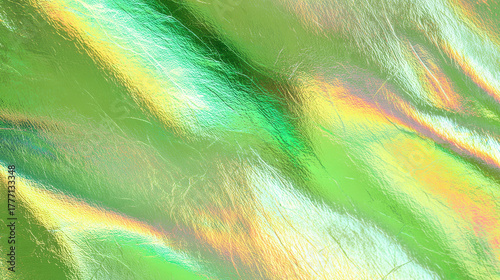 Holographic foil texture with soft iridescent sheen, green yellow abstract background
