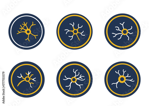 Six Neuronal Cell Icon Variations in a Circular Dark Blue and Yellow Frame