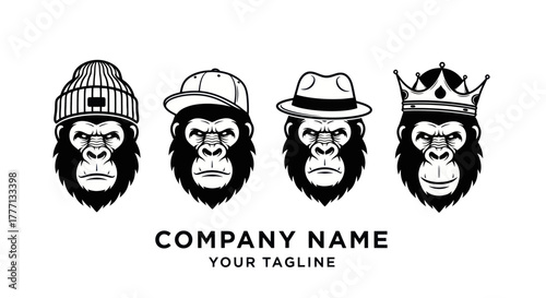 Four Gorillas Wearing Different Hats and a Crown.