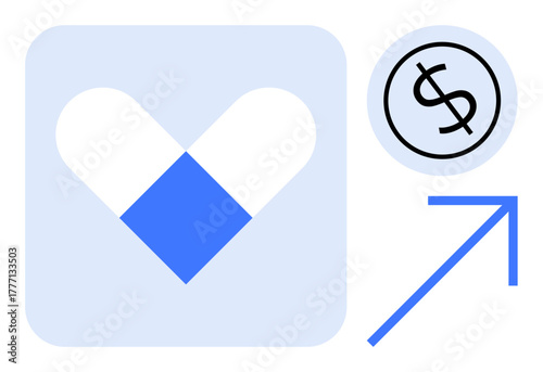 Pill forming heart, dollar icon, and upward arrow symbolize healthcare investment, financial growth, medical innovation, prosperity, pharmaceutical progress, cost efficiency, simple flat metaphor