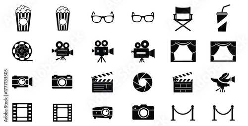 Black and white vector icons representing cinema film production and movie industry tools