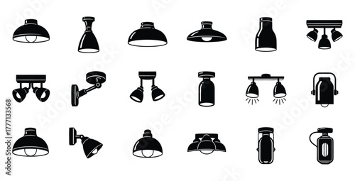 Collection of various black and white lighting fixtures for interior design and decoration