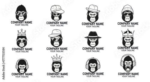 Collection of Gorilla Head Logos with Various Accessories and Styles.