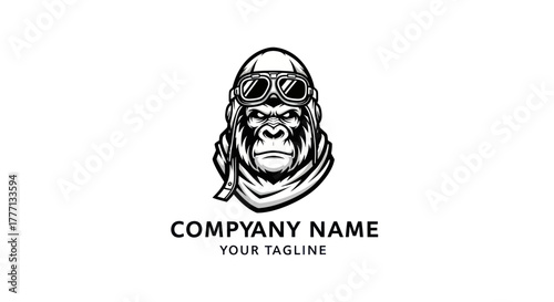 Intense Gorilla Pilot Head with Goggles and Scarf Logo Design.