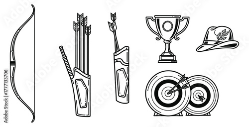 Archery equipment and targets in a black and white line art illustration style design