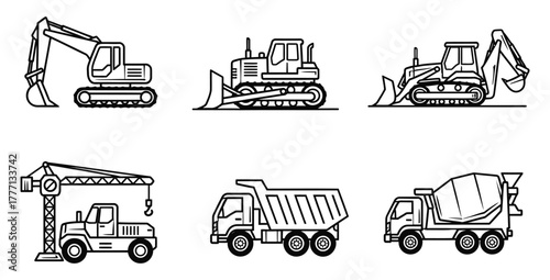 Construction vehicles line art including excavator bulldozer crane dump truck and mixer