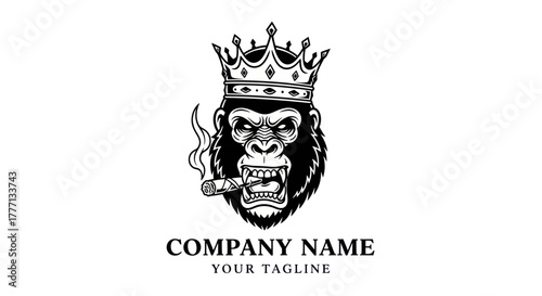Fierce gorilla head mascot with a royal crown smoking a cigar.