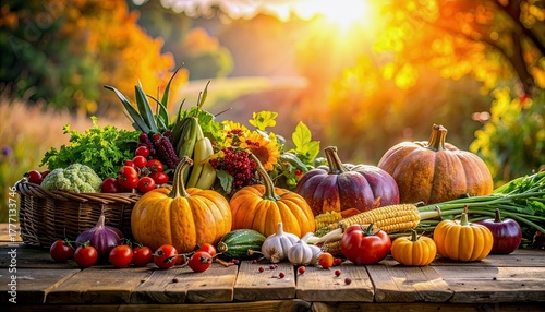 A bountiful display of fresh autumn produce, including various pumpkins, corn on the cob, tomatoes, garlic, and leafy greens, is arranged on a rustic wooden tab